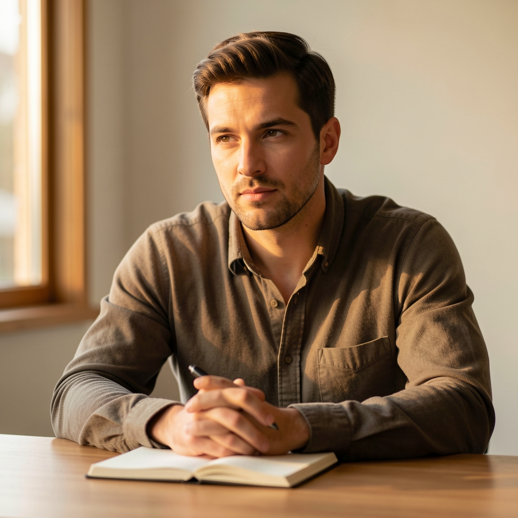Editorial portrait of a man in his thirties at a desk with a notebook, warm window light, thoughtful expression, pale background