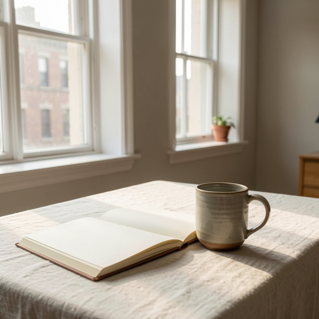 Editorial workspace with open notebooks, a ceramic mug, and morning light through tall windows, pale linen surface