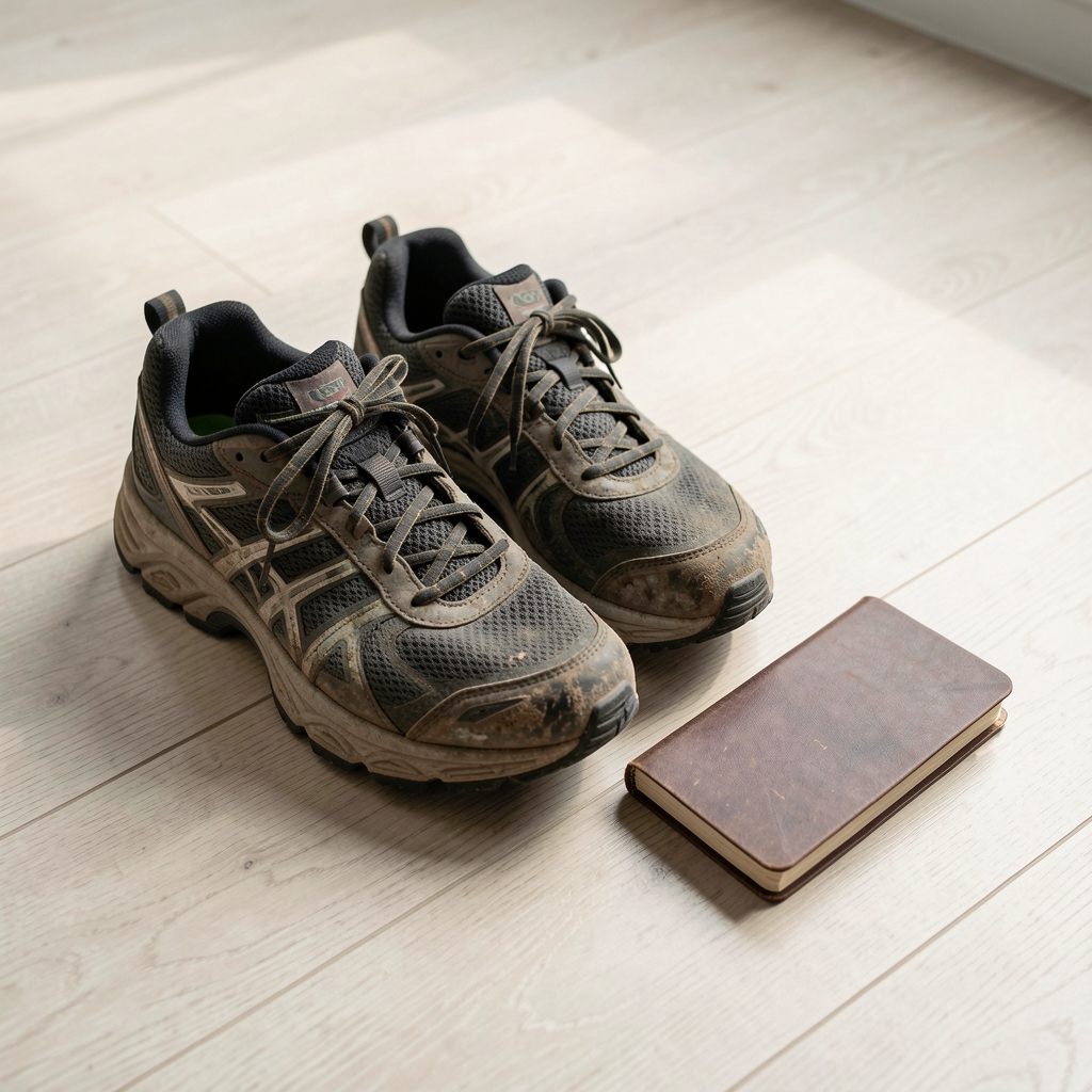 Pair of worn running shoes beside a small notebook on a pale wooden floor, morning editorial light, minimal composition