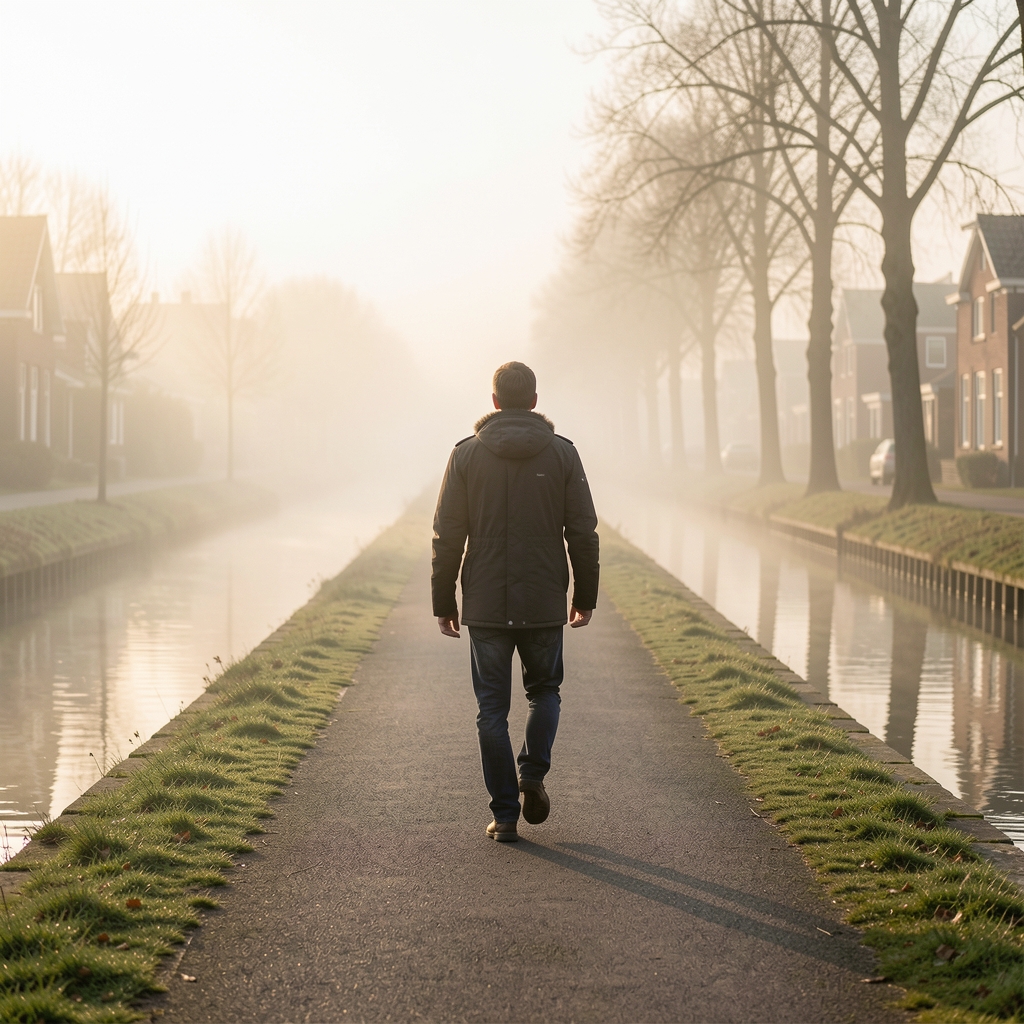 Person walking along an empty canal towpath in early morning mist, editorial documentary style, soft warm light