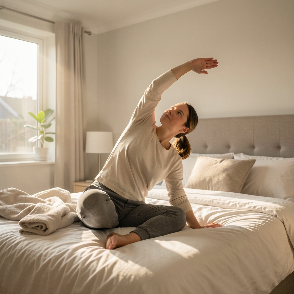 Person stretching in a sunlit bedroom in the morning, editorial natural light, calm routine atmosphere