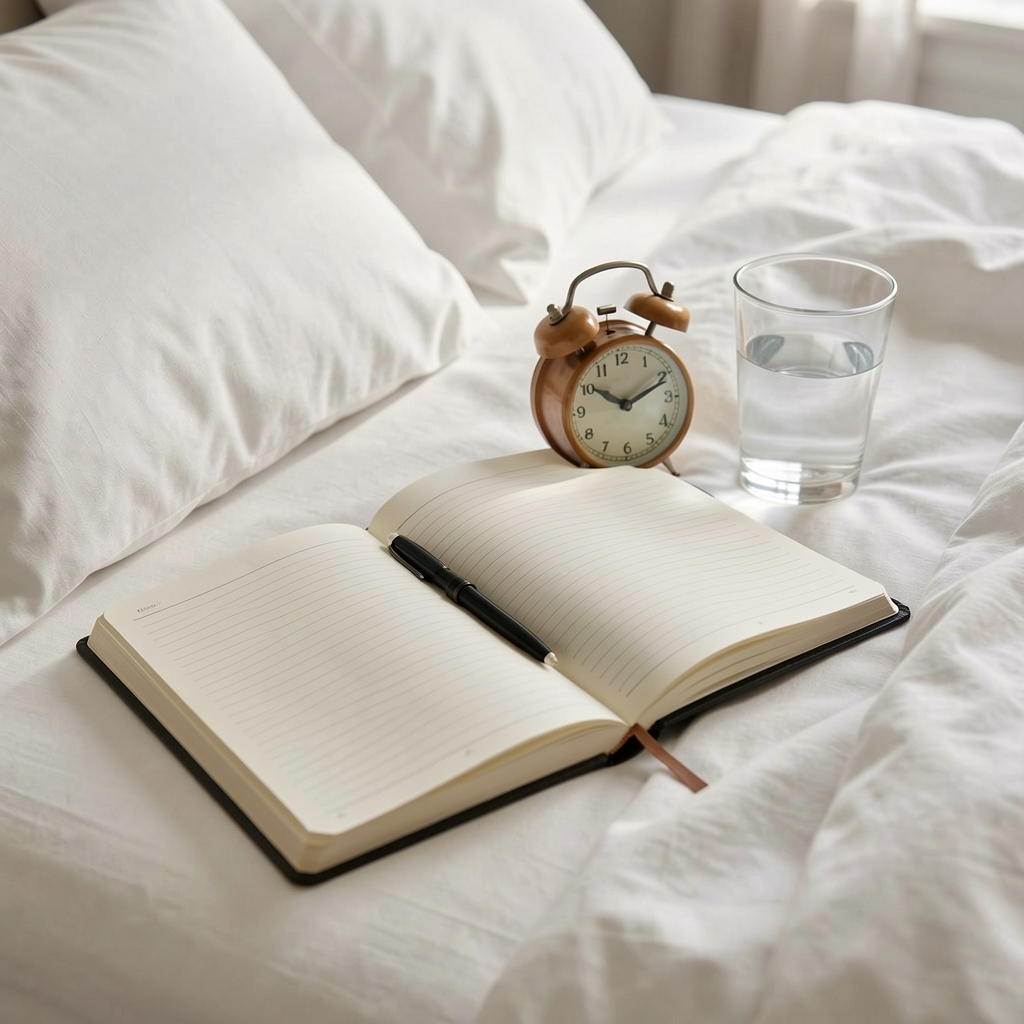 Open notebook on a bed beside an alarm clock and a glass of water, bedtime routine, editorial natural light