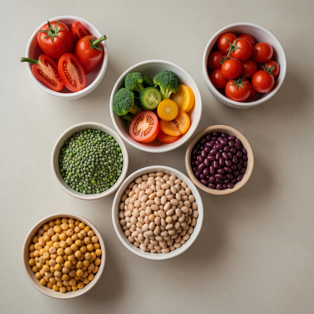 Colourful vegetables and legumes arranged in small bowls on a neutral surface, overhead editorial composition
