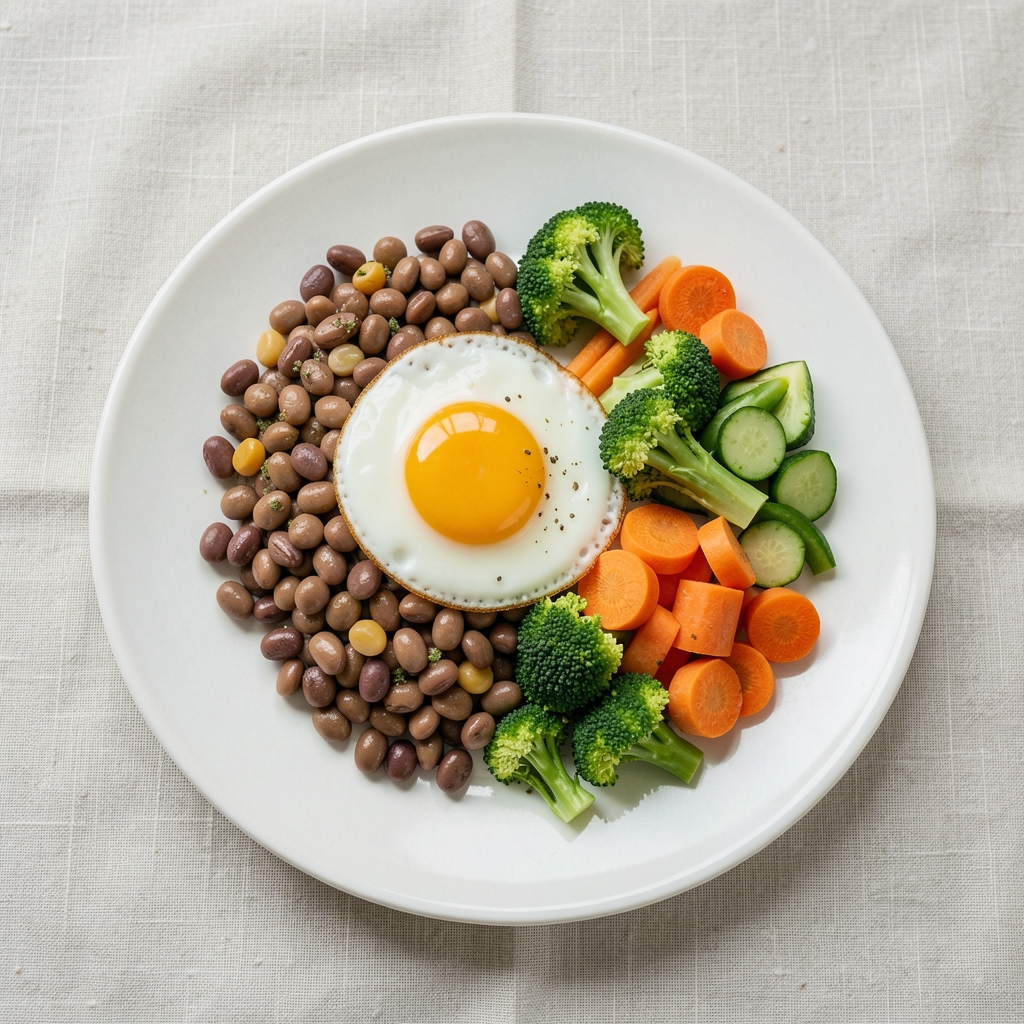 Balanced plate with eggs, legumes and seasonal vegetables on a pale linen tablecloth, overhead editorial daylight