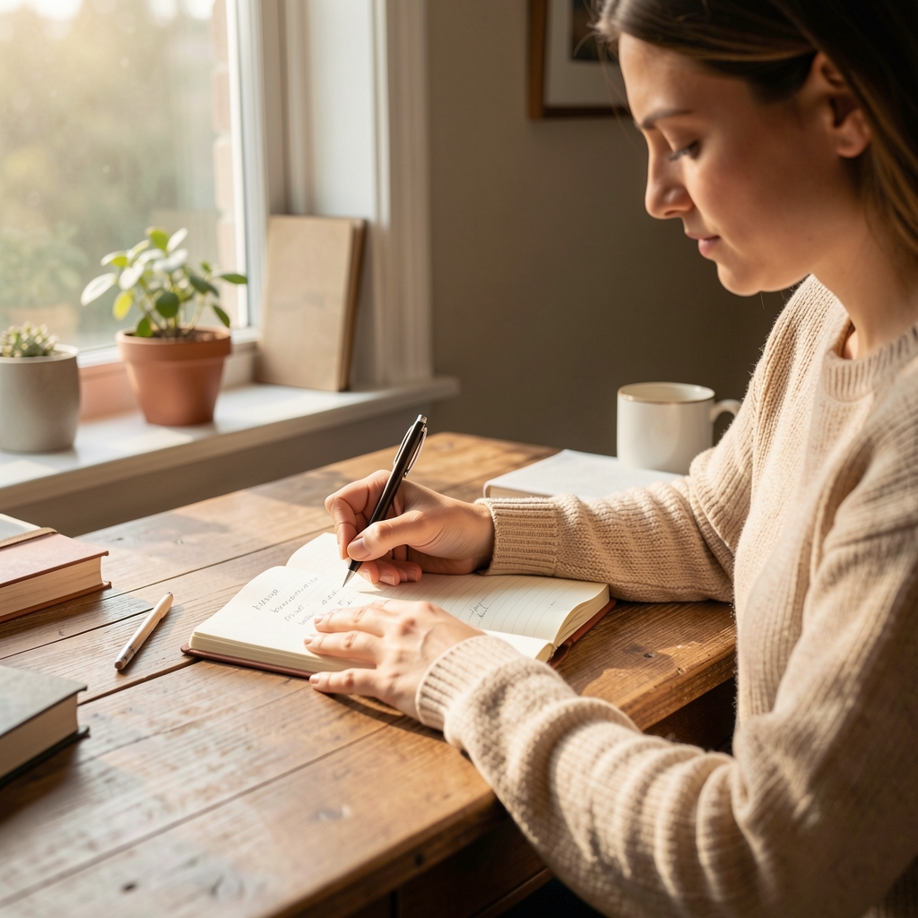 Person writing in a habit journal at a wooden desk with morning light coming through a window, editorial composition