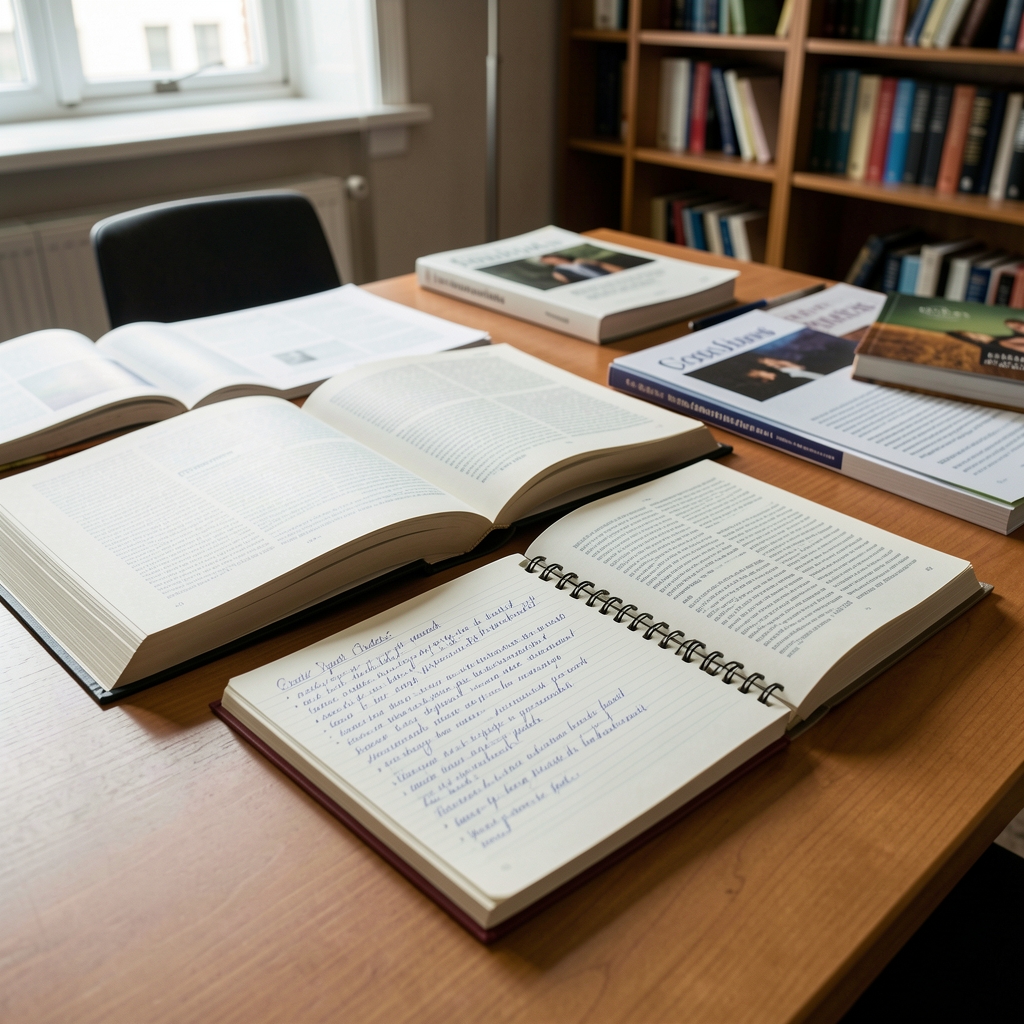 Open reference books and a notepad with handwritten notes on a wide editorial desk, natural overhead light, focused composition